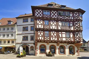 Central European City Breaks Prints: Mosbach, Germany, June 2021: Historic town center with timber-framed houses called 'Palmsche Haus' Mosbach