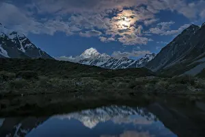 New Zealand Landscapes Prints: Mount Cook is reflected at moonlight in the pond