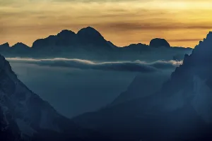 Mountain Silhouette At Sunset Prints: Mountain top of the Dolomites at sunset