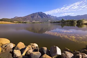 Water Supply Dam Photography Prints: Mountain, reflection in the reservoir