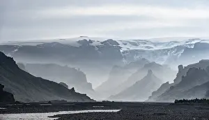 Myrdalsjokull Glacier Tongue Prints: Mountain valley with river Krossa