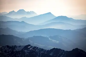 Mountainous Landscape Switzerland Prints: Mountains, backlit, evening light