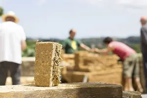 Labor Workforce Prints: Mud brick in bio-construction and workers in the background out of focus