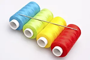 Sewing Shop Supplies Prints: Multi-colored rainbow threads for sewing with needle