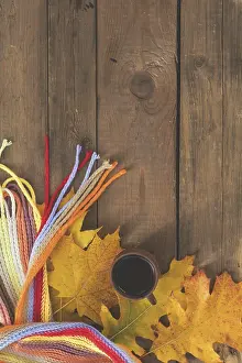 Oak Tree Background Prints: Multicolored scarf, cup of coffee