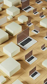 Geometric Background Prints: Multiple laptops rest on a geometric background made of tiles