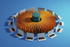 Data Collection And Analysis Prints: Multiple laptops surround a central data hub