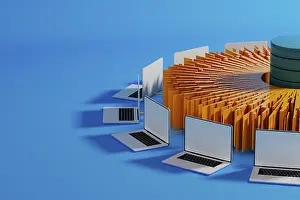 Modern Workspace Design Prints: Multiple laptops surround a central data hub