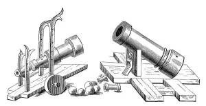 Historical Warfare Illustrations Prints: Muzzle-loading artillery, bombards with fixed and rolling carriages