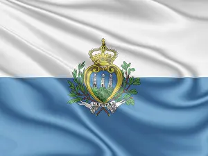 Prints of National flag of San Marino fluttering in the wind in 3D illustration San Marino Prints: 3D Illustration of San Marino Flag Print
