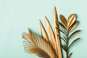 Surrealism Prints: Golden Tropical Leaf Print in Minimal Surrealism Background