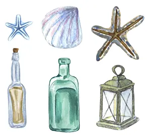 Watercolor Illustrations Prints: Nautical set of different elements