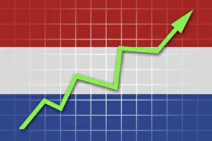 Central Europe Flags Prints: The Netherlands flag and arrow graph going up