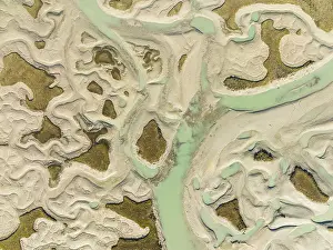 Aerial View Of Marshland Prints: Network of channels and streams at low tide