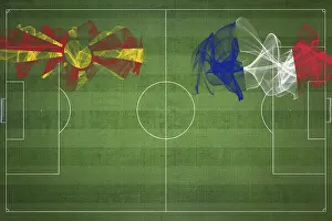 Prints of North Macedonia vs France Soccer Match, national colors, national flags, soccer field, football game, Competition concept, Copy space North Macedonia Prints: North Macedonia vs France Soccer Match Print