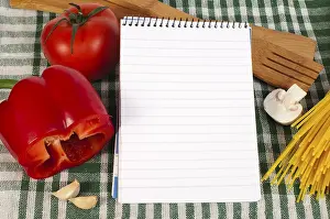 Empty Kitchen Still Life Prints: Notebook to write recipes and vegetables around it