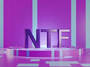 Blockchain Technology Background Prints: NTF text on vivid tech violet background