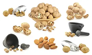 Prints of Nuts background. Collection of nuts, spices and kitchen utensil Muscat Prints: Nuts Background Print: Collection of Nuts and Spices