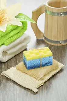 Blue And White Ceramics Prints: Objects for bathing on wooden background