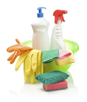 Household Cleaning Items Prints: Objects for cleaning in basin