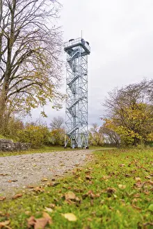 Neckar River Viewpoint Prints: Observation tower next to a path surrounded by autumn trees
