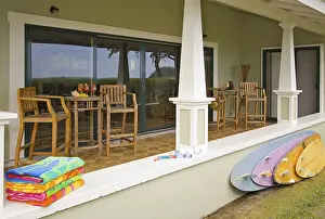 Tropical Paradise Prints: Oceanfront lanai with reflection of view