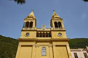 Uninhabited Church Exterior View Prints: Ochre-coloured facade, upper part