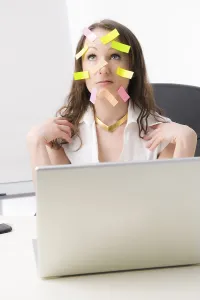 Office Worker Stress Prints: Office worker with many post-its on her face