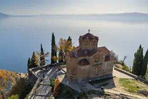 Prints of Ohrid, North Macedonia, 1 November, 2022: view of the church of Saint John and Lake Ohrid in North Macedonia North Macedonia Prints: Ohrid, North Macedonia Print: Saint John Church and Lake Ohrid