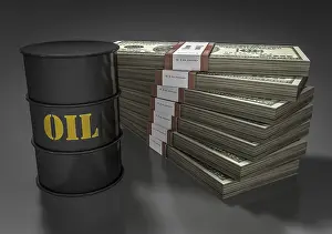 US Dollar Note Picture Prints: Oil barrel in front of stack of dollar bills