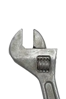 Construction Tool Prints: Old adjustable spanner isolated on white background
