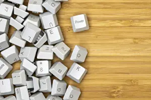 Wooden Table Background Prints: Old computer keyboard keys on the wooden table background