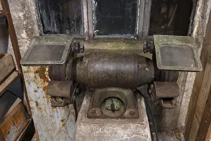 GDR History Prints: Old grinding machine in a former LPG workshop in the GDR