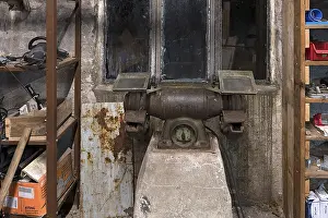 Post War Era Germany Prints: Old grinding machine in a former LPG workshop in the GDR