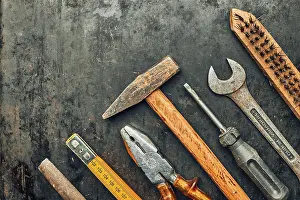 Steel Surface Workshop Prints: Old hardware tools. Wrench, screwdriver