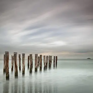 Coastal Area Photography Prints: Old jetty posts on the beach at St Clair