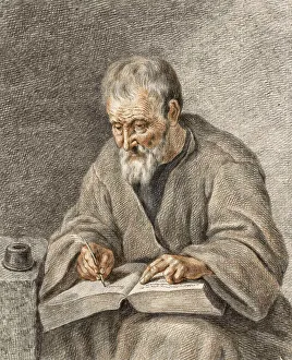 Vintage Styled Drawing Prints: Old Man Writing Notes in a Book