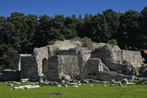 Historic Landmarks In Europe Prints: Old massive stone structures surrounded by trees under a clear blue sky