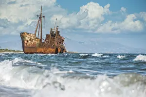 Deserted Harbor Prints: Old rustic big ship. Blue sky