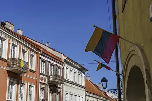 Prints of Old town with national flags and European architecture under blue sky, Vilnius, Lithuania, Baltic States Vilnius Prints: Vilnius Old Town Print, Lithuania