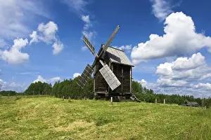 Blue Sky Landscape Prints: Old windmill under blue sky
