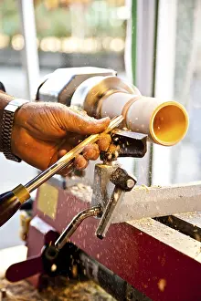 Handicraft Laborer Prints: Old worker hands at lathe