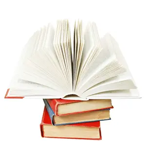 White Studio Background Image Prints: Open book on top of stack of books isolated on white background
