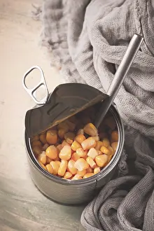 Canned Food Photography Prints: Open tin can, with corn, top view