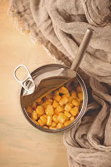 Selective Focus On Corn Prints: Open tin can, with corn, top view