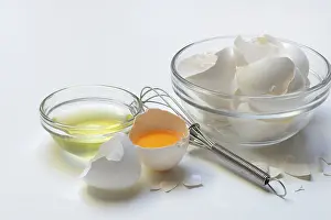 Food Photography Kitchen Utensil Prints: Opened hen's egg, egg white in shell and eggshells
Opened hen's egg