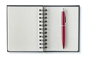 Office Supplies Prints: Opened Notepad With Red Ballpoint Pen Isolated