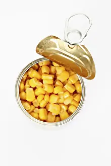 Food Photography Studio Still Life Prints: Opened tin of sweetcorn, from above