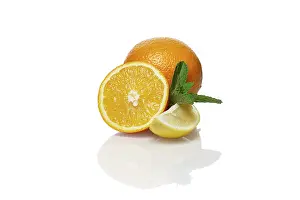 Gourmet Food Ingredients Prints: Orange, lemon and mint isolated on white background with shadow and reflection