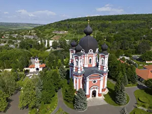 Prints of Orthodox cathedral on a hill top with surrounding trees and sweeping views, aerial view, Cathedral of the Nativity of the Virgin Mary, Curchi monastery, Orhei district, Republic of Moldova, Moldova Moldova Prints: Orthodox Cathedral Print, Moldova